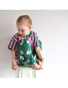 Tissu sweat Jennifer Bouron - Rayures vert herbe et roses 2