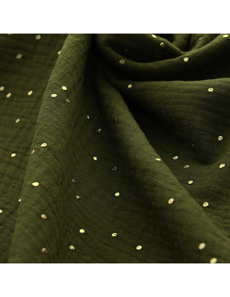 Tissu double gaze de coton mini pois dorés - Kaki