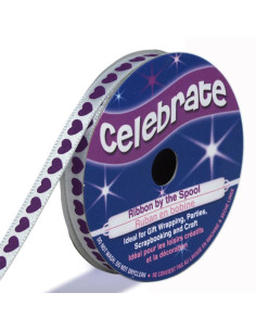 Ruban satin Celebrate blanc imprimé coeurs violets - 6 mm x 4 mètres
