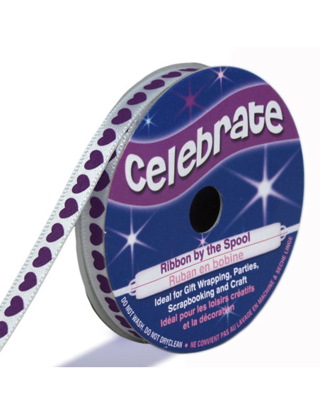 Ruban satin Celebrate blanc imprimé coeurs violets - 6 mm x 4 mètres