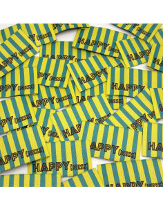 Lot de 5 étiquettes tissées à coudre HAPPY(ness) rayures jaune vert