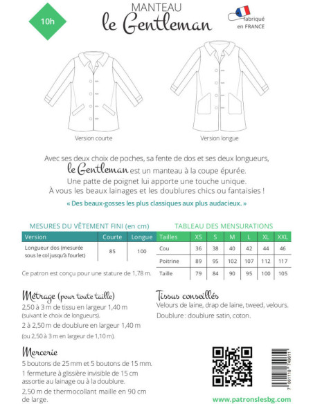 Patron de manteau Gentleman - Les BG