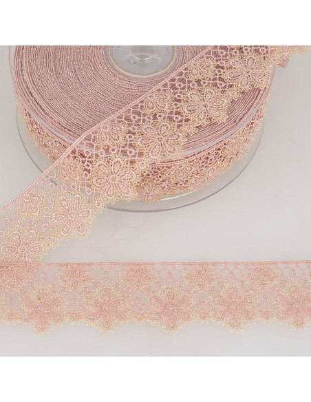 Dentelle fleurs lurex - Rose et beige
