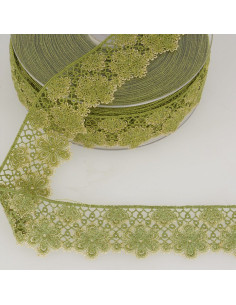 Dentelle fleurs lurex - Kaki et beige