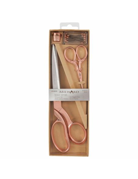 Coffret ciseaux de couture et à broder, dé et épingles - Or rose