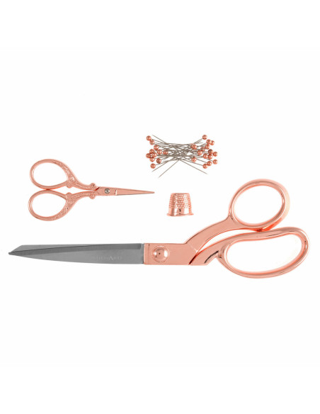 Coffret ciseaux de couture et à broder, dé et épingles - Or rose