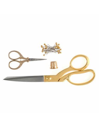 Coffret ciseaux de couture et à broder, dé et épingles - Or