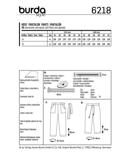 Patron de pantalon - Burda 6218