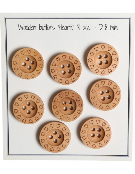 Paquet de 8 boutons en bois coeurs 18 mm