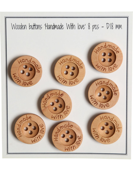 Paquet de 8 boutons en bois handmade with love 18 mm