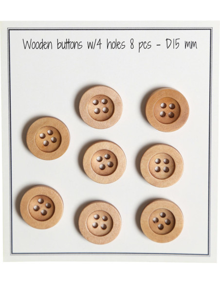 Paquet de 8 boutons en bois round groove 15 mm