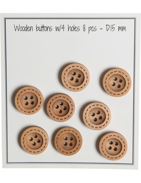 Paquet de 8 boutons en bois round groove stitches 15 mm