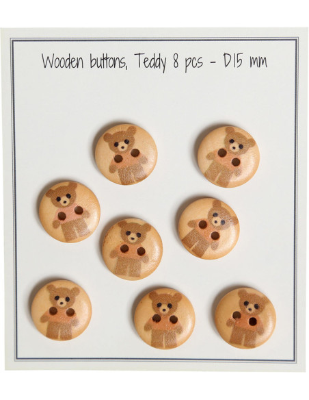 Paquet de 8 boutons en bois teddy beige 15 mm