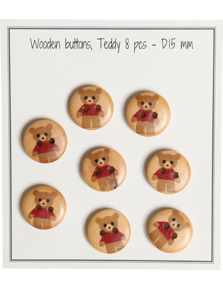 Paquet de 8 boutons en bois teddy rouge 15 mm
