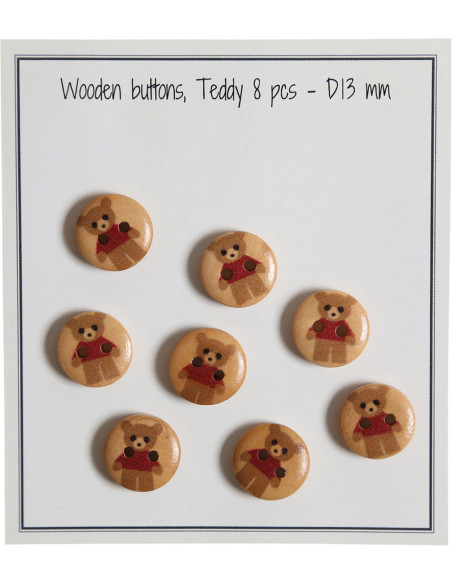 Paquet de 8 boutons en bois teddy rouge 13 mm