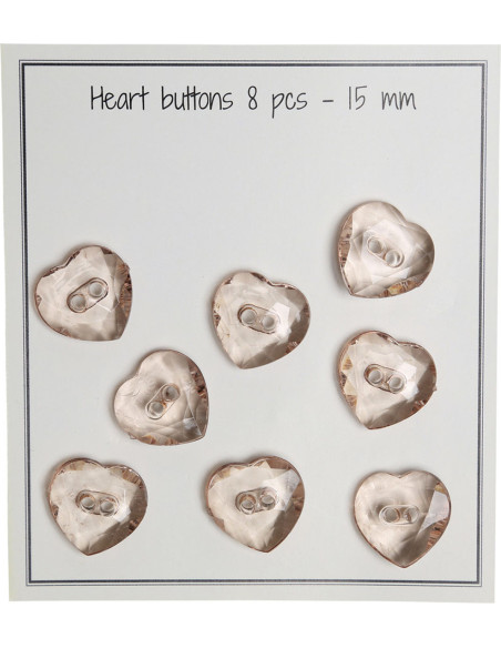 Paquet de 8 boutons coeurs transparents beige 15 mm