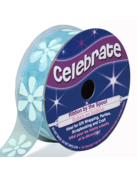 Ruban organza Celebrate bleu ciel et fleurs - 15 mm x 3.5 m