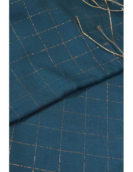 Tissu sergé de viscose carreaux bleu pétrole lurex cuivré - Églantine & Zoé