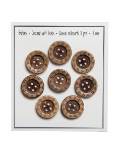 Paquet de 8 boutons coco coeurs 18 mm