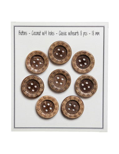 Paquet de 8 boutons coco coeurs 18 mm