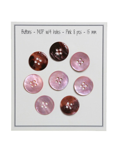 Set de 8 boutons 4 trous nacre 15 mm - Rose