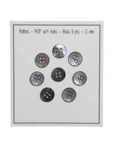 Set de 8 boutons 4 trous nacre 12 mm - Noir
