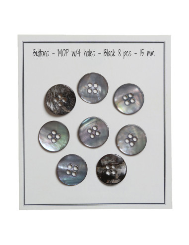 Set de 8 boutons 4 trous nacre 15 mm - Noir