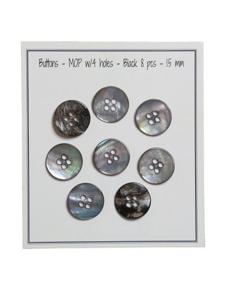 Set de 8 boutons 4 trous nacre 15 mm - Noir