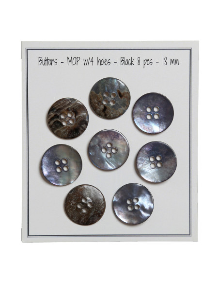Set de 8 boutons 4 trous nacre 18 mm - Noir
