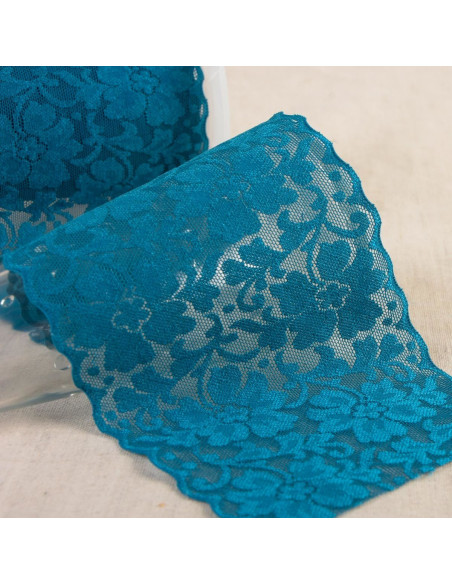 Dentelle élastique fleurs - Bleu canard