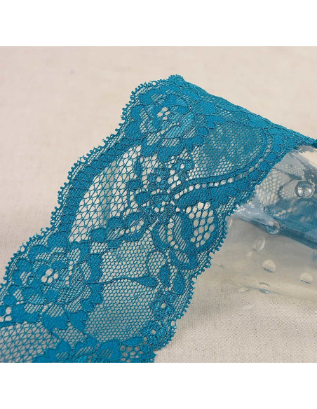 Dentelle élastique roses - Bleu canard