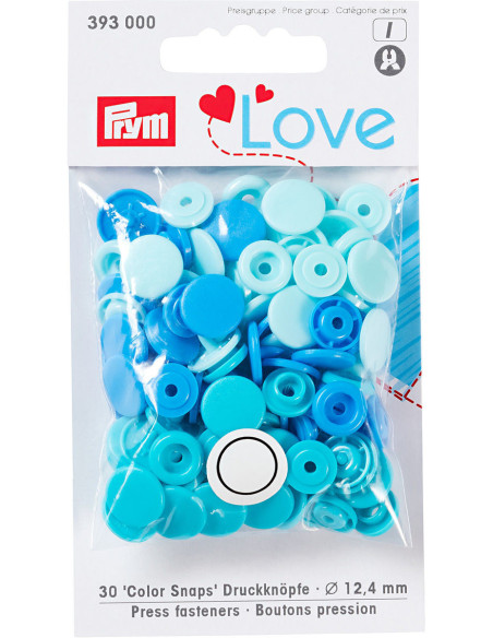 Set de 30 boutons pression Color Snaps 12,4 mm - Bleu ciel, turquoise et bleu