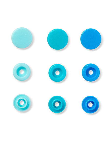 Set de 30 boutons pression Color Snaps 12,4 mm - Bleu ciel, turquoise et bleu