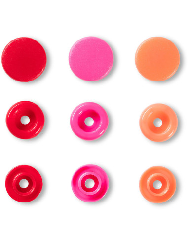 Set de 30 boutons pression Color Snaps 12,4 mm - Rouge, rose et pêche