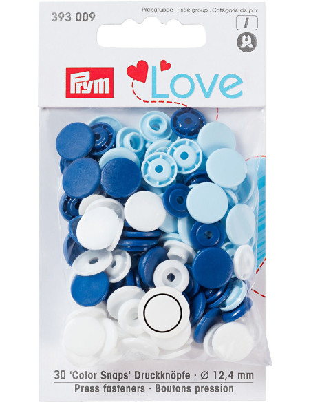 Set de 30 boutons pression Color Snaps 12,4 mm - Bleu, blanc et bleu clair