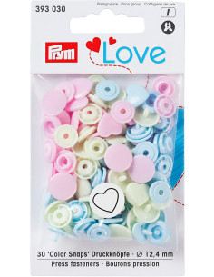 Set de 30 boutons pression Color Snaps Coeurs 12,4 mm - Rose, vert citron et bleu ciel