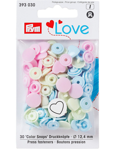 Set de 30 boutons pression Color Snaps Coeurs 12,4 mm - Rose, vert citron et bleu ciel