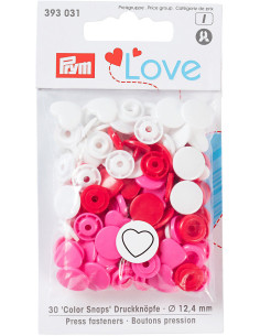 Set de 30 boutons pression Color Snaps Coeurs 12,4 mm - Rouge, blanc et fuchsia