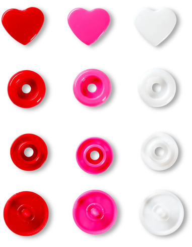 Set de 30 boutons pression Color Snaps Coeurs 12,4 mm - Rouge, blanc et fuchsia
