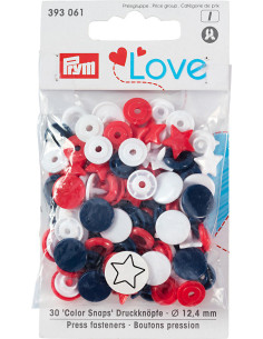 Set de 30 boutons pression Color Snaps Étoiles 12,4 mm - Rouge, blanc et marine