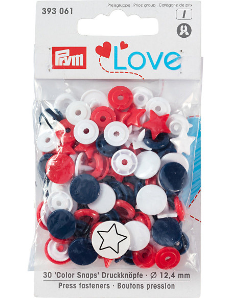 Set de 30 boutons pression Color Snaps Étoiles 12,4 mm - Rouge, blanc et marine