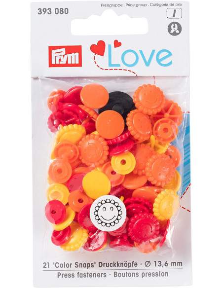 Set de 21 boutons pression Color Snaps Fleurs 13,6 mm - Jaune, rouge et orange