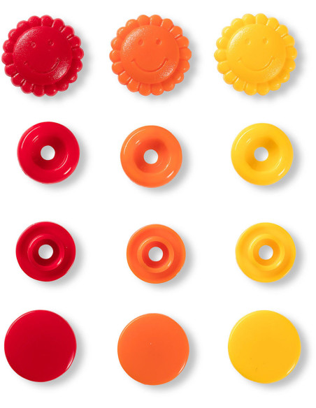 Set de 21 boutons pression Color Snaps Fleurs 13,6 mm - Jaune, rouge et orange