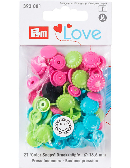 Set de 21 boutons pression Color Snaps Fleurs 13,6 mm -Turquoise, vert et fuchsia