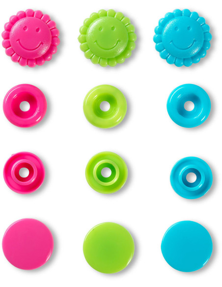 Set de 21 boutons pression Color Snaps Fleurs 13,6 mm -Turquoise, vert et fuchsia