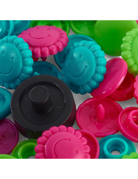 Set de 21 boutons pression Color Snaps Fleurs 13,6 mm -Turquoise, vert et fuchsia