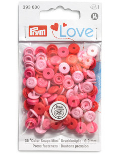 Set de 36 boutons pression Color Snaps Mini 9 mm Optique - Rose, fuchsia et rouge