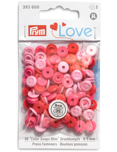 Set de 36 boutons pression Color Snaps Mini 9 mm Optique - Rose, fuchsia et rouge