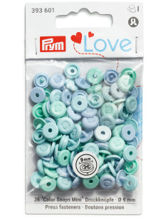 Set de 36 boutons pression Color Snaps Mini 9 mm Optique - Menthe, vert eau et bleu
