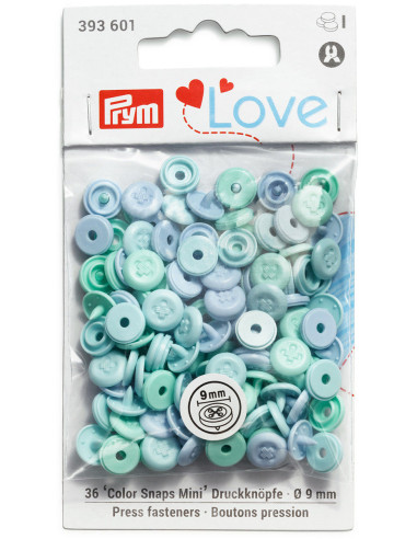 Set de 36 boutons pression Color Snaps Mini 9 mm Optique - Menthe, vert eau et bleu